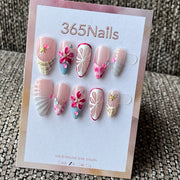 Handmade Almond Pink White Floral 3D Charm Press-On Nails