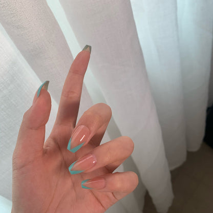 Naked Oblique French Lake Blue-Green Wearing Nail Finished Fake Nail Nail Patch Nail Patch Stall Source Nail Patch｜365nails