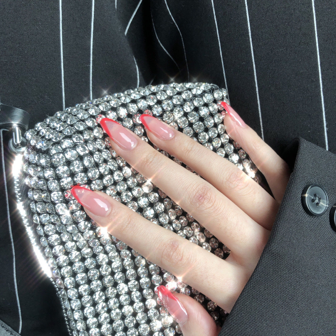 Parche de manicura francesa corta con bisel, color rojo agua, para uñas postizas, resistente al agua, 365nails