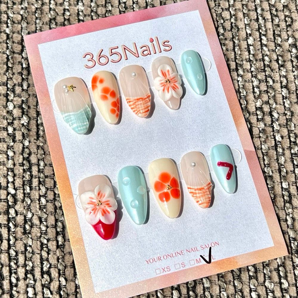 365nails: "Summer Orange Blue Flower Bubble Mix" – Handmade Medium Stiletto Press-On Nails