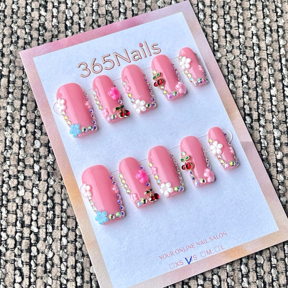 365nails: "Pink Jelly Cherry Floral Rhinestone Edge" – 3D Fruit Flower Handmade Medium Square Nails