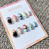 Sweet & Dopamine: "Sunset Silhouette" – Pastel Gradient Sky, Textured Oil Painting Style, 3D Black Cat & Swallow Press-on Nails