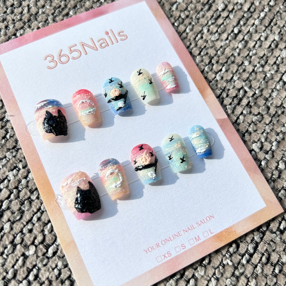 Sweet & Dopamine: "Sunset Silhouette" – Pastel Gradient Sky, Textured Oil Painting Style, 3D Black Cat & Swallow Press-on Nails