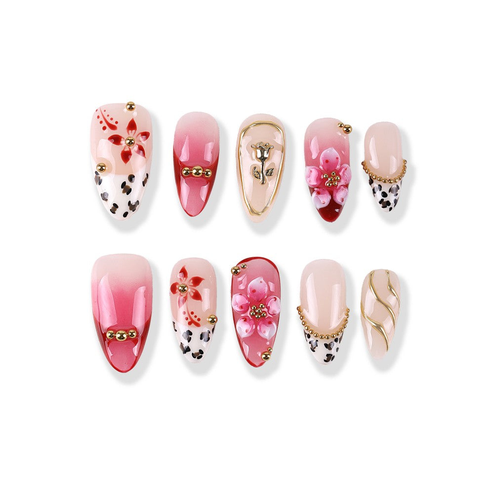 Nude pink gradient leopard spot French style × 3D floral gold chain press on nail