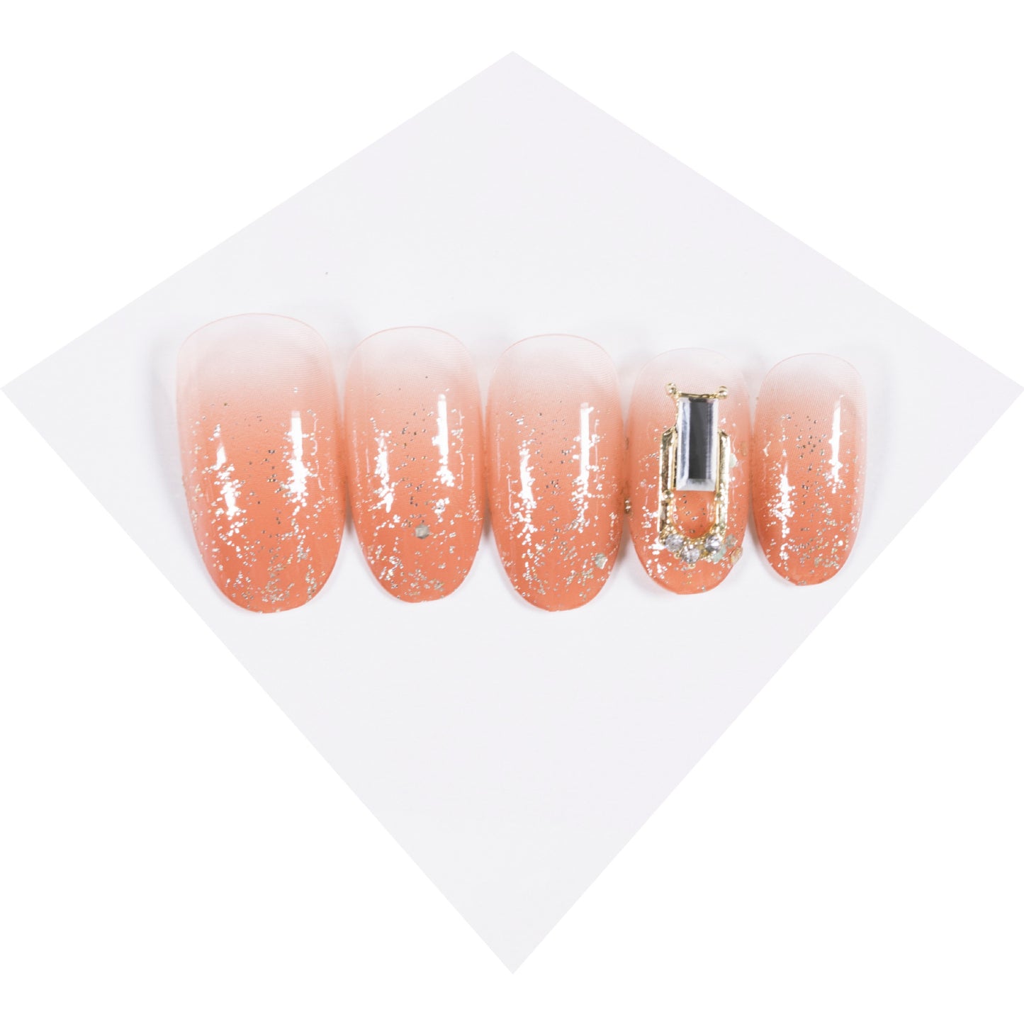 Gradual change orange special-shaped white diamond  finished fake nail manicure sheet  and unloadable live stream supply｜365nails