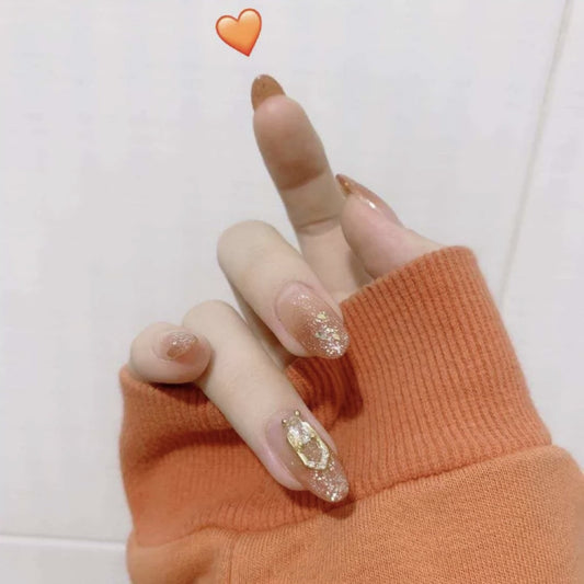 Gradual change orange special-shaped white diamond  finished fake nail manicure sheet  and unloadable live stream supply｜365nails