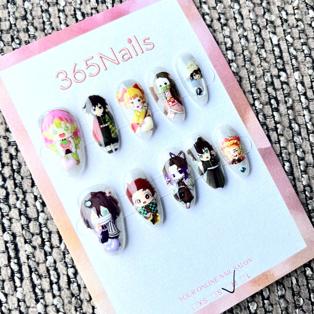 365nails: "Demon Slayer Chibi Crew" – Handmade Medium Almond Press-On Nails