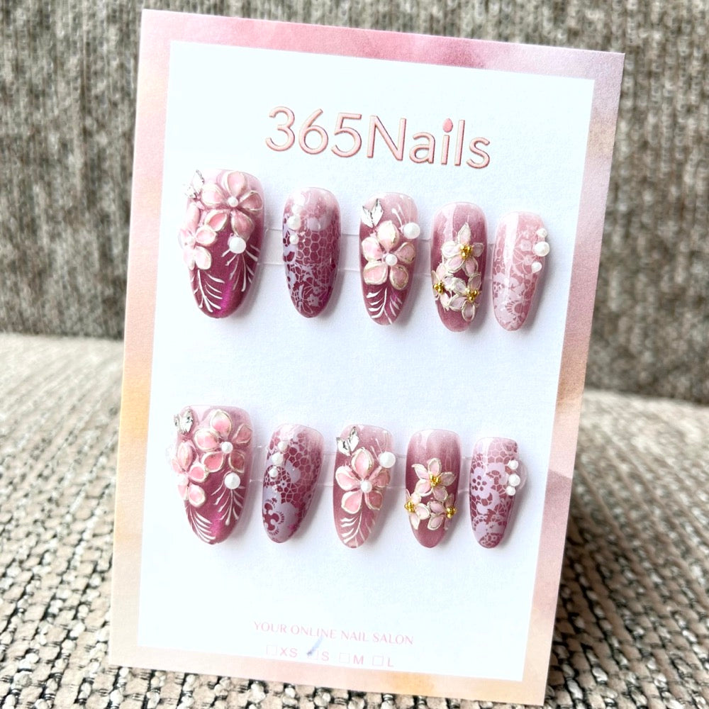 365nails: "Crimson Bloom" – 3D 플로럴 수제 미디엄 아몬드형 네일