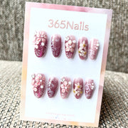 365nails: "Crimson Bloom" – 3D 플로럴 수제 미디엄 아몬드형 네일