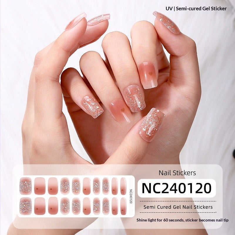 Semi-Cured Gel Nail Strips French Glitter Pink Sparkle Glossy Set (MOQ=3)
