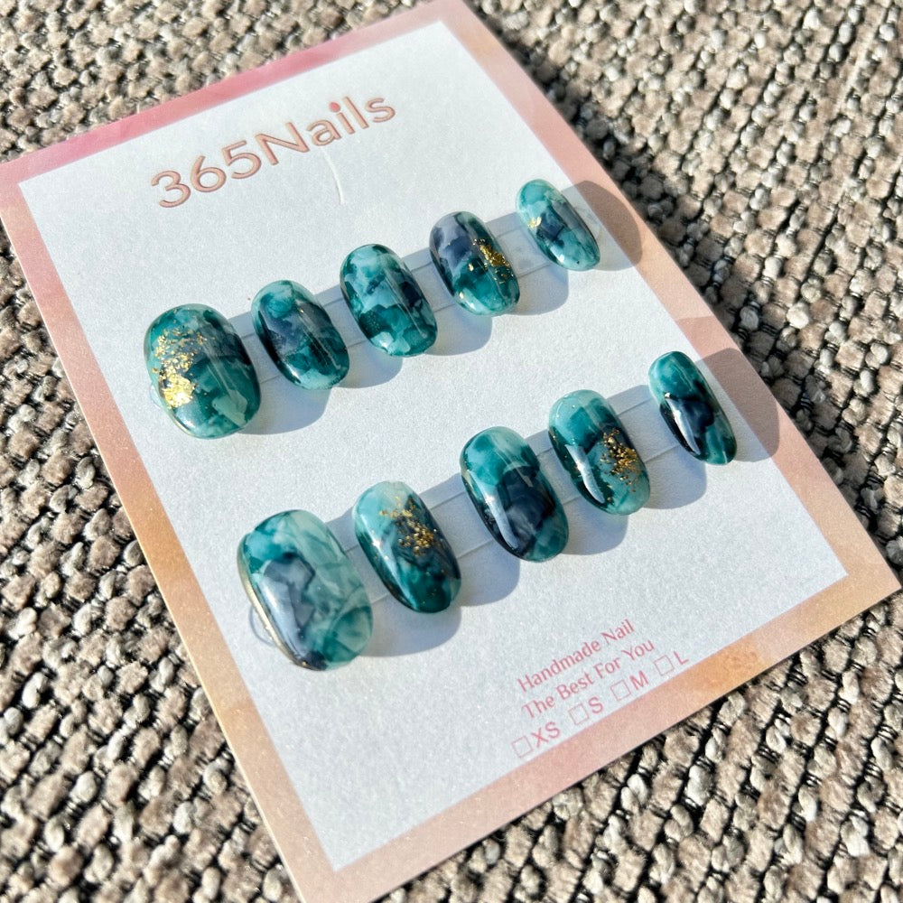 Ink Jade & Gilded Teal Vintage Dark Emerald Marble Gold Foil Nails ｜ Handmade Smudge Series(moq=30)