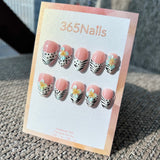 Handmade "Zebra & Blue Flower" French Tip Press-on Nails | Animal Print & Polka Dots | Short Almond | 10pcs Set