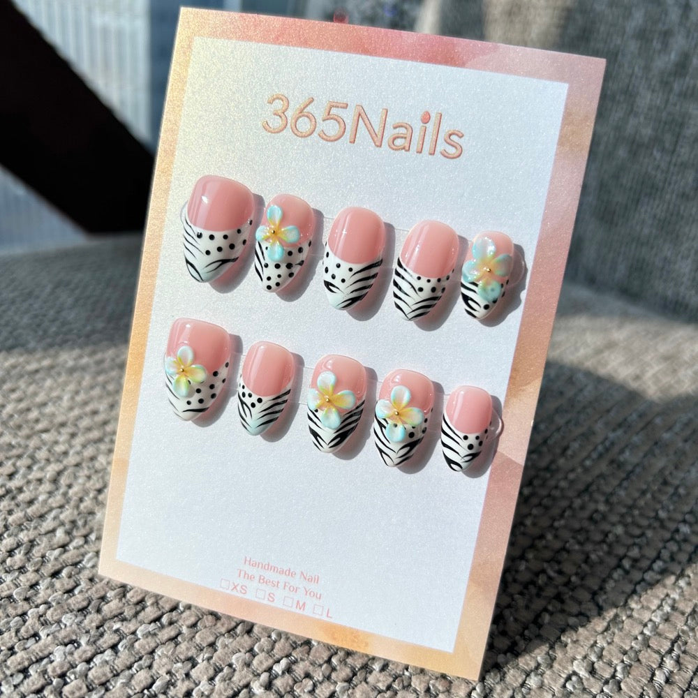 Handmade "Zebra & Blue Flower" French Tip Press-on Nails | Animal Print & Polka Dots | Short Almond | 10pcs Set