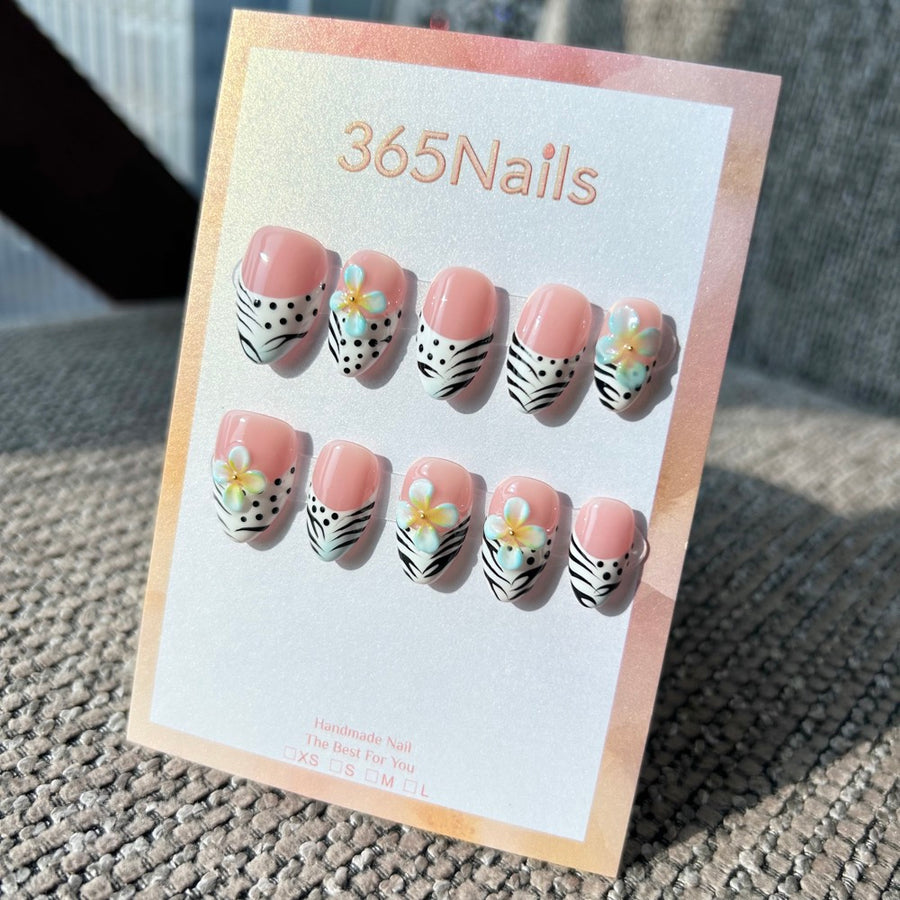 Handmade "Zebra & Blue Flower" French Tip Press-on Nails | Animal Print & Polka Dots | Short Almond