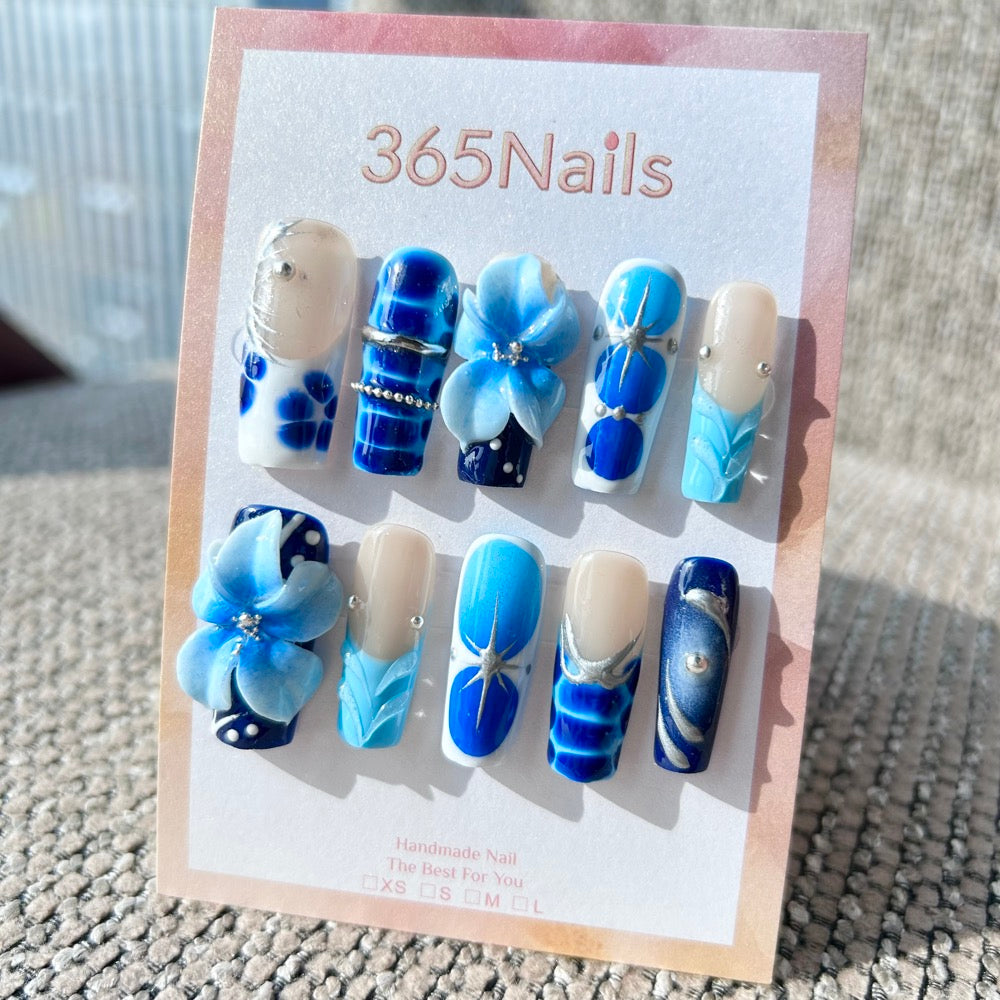 Sculpted Flora: "Cobalt Bloom" – 3D Blue Floral & Silver Chrome Abstract Long Square Nails