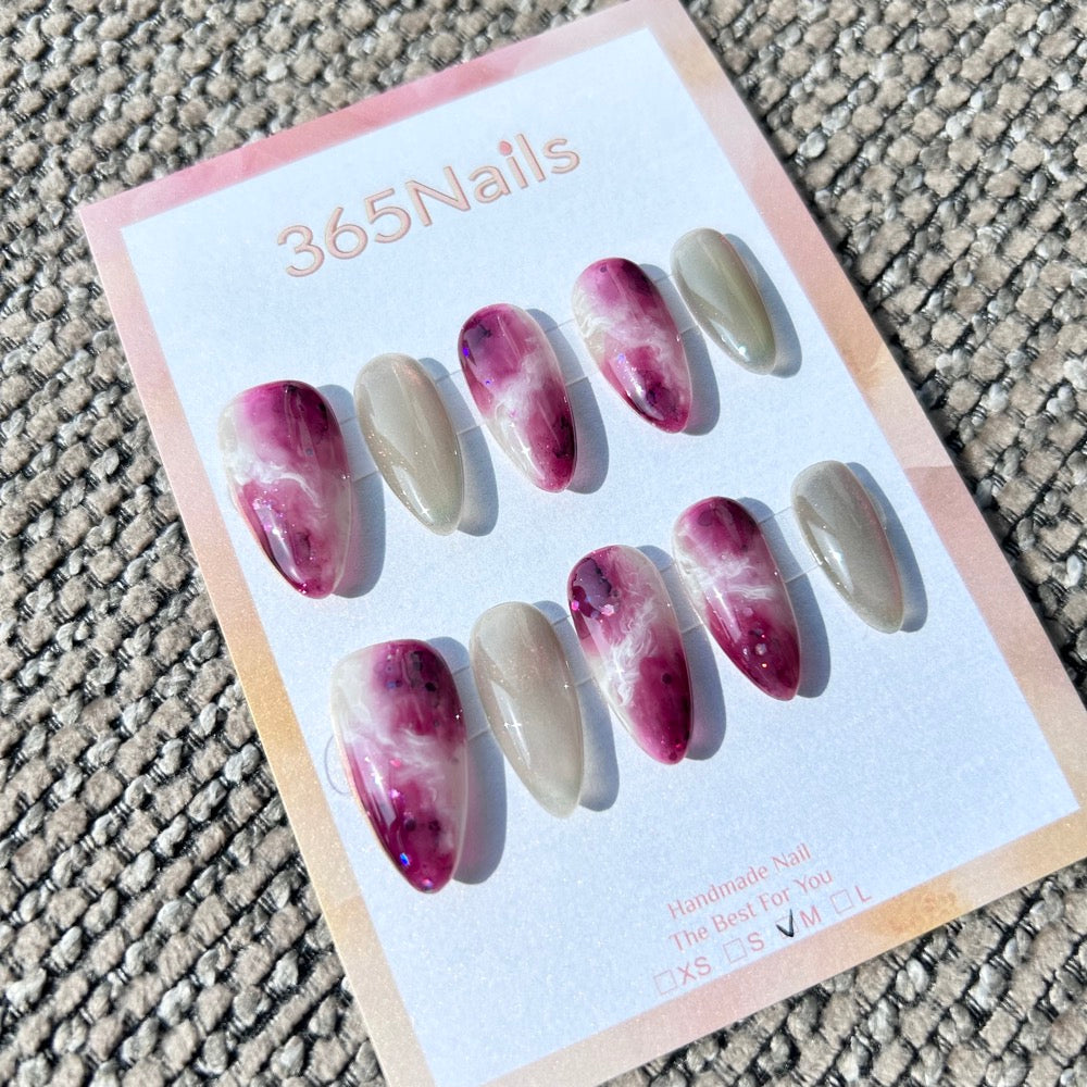 Ethereal Ink: "Plum Jade" – Burgundy Ink Marble & Sage Green Cat Eye Almond Nails