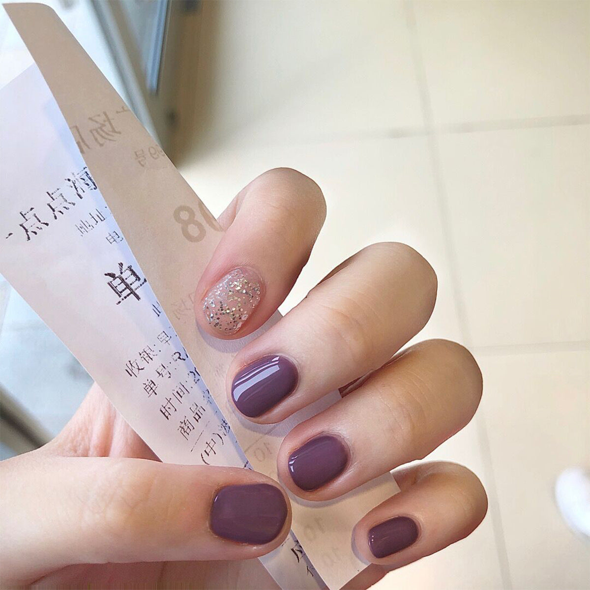 藤編紫色亮粉短款完成甲片 防水可移除｜365nails
