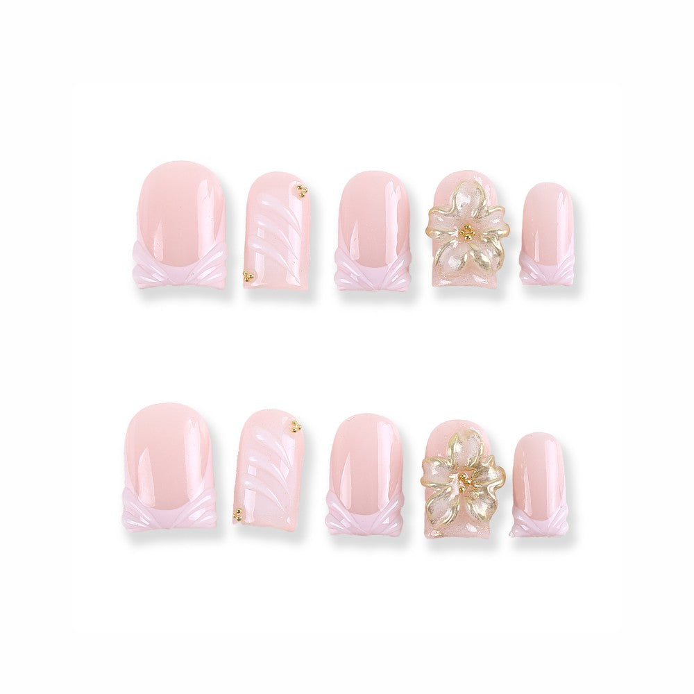 Pink Bow Press-On Nails with 3D Flower and Gold Bead Accents