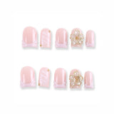 Pink Bow Press-On Nails with 3D Flower and Gold Bead Accents