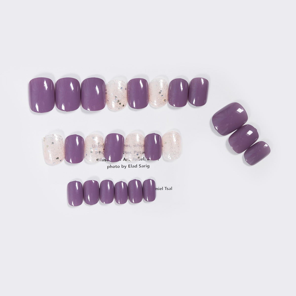 Parche para uñas postizas de ratán morado con purpurina, para uso corto, impermeable y extraíble | 365nails