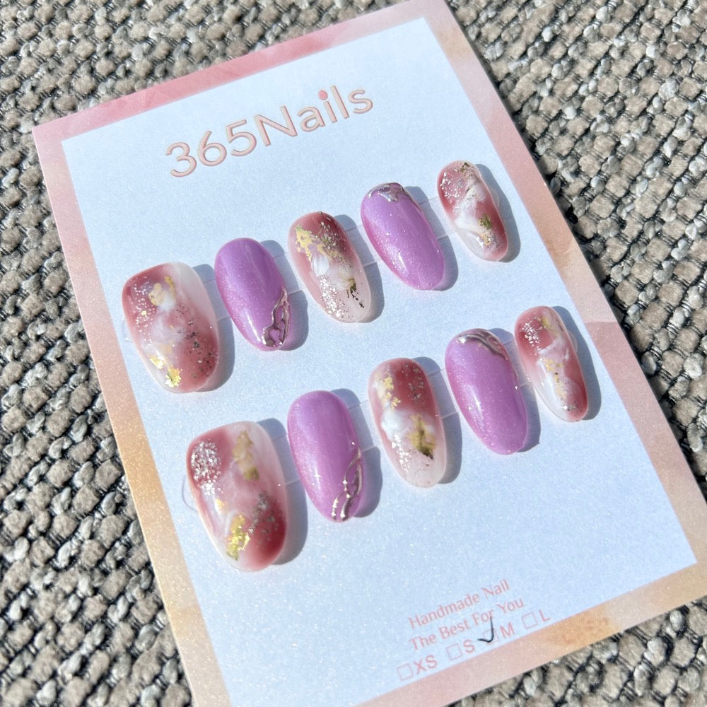 Ethereal Ink: "Vintage Taro Rose" – Lilac Purple Cat Eye & Dried Rose Marble with 3D Liquid Metal & Gold Foil Oval Nails