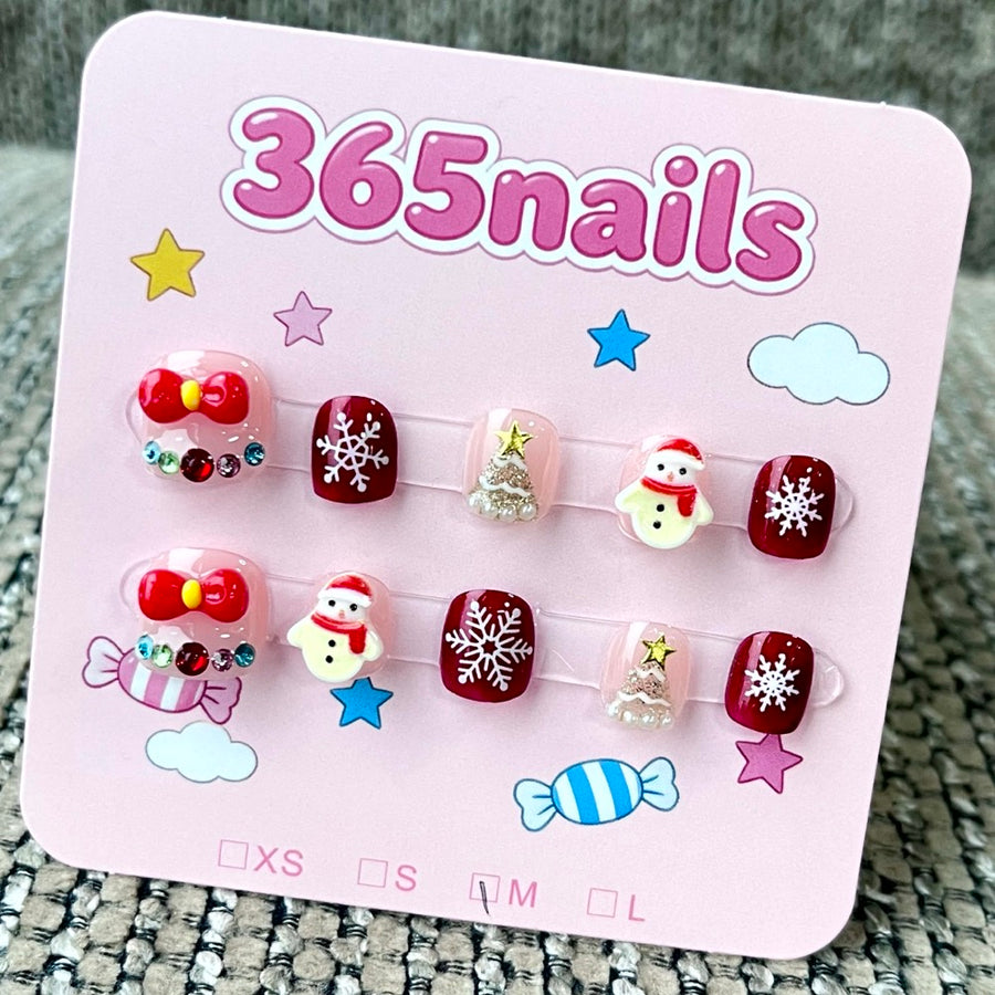 365nails: "축제 눈사람" – 3D 캐릭터 & 눈송이 수제 숏 스퀘어형 프레스온 네일