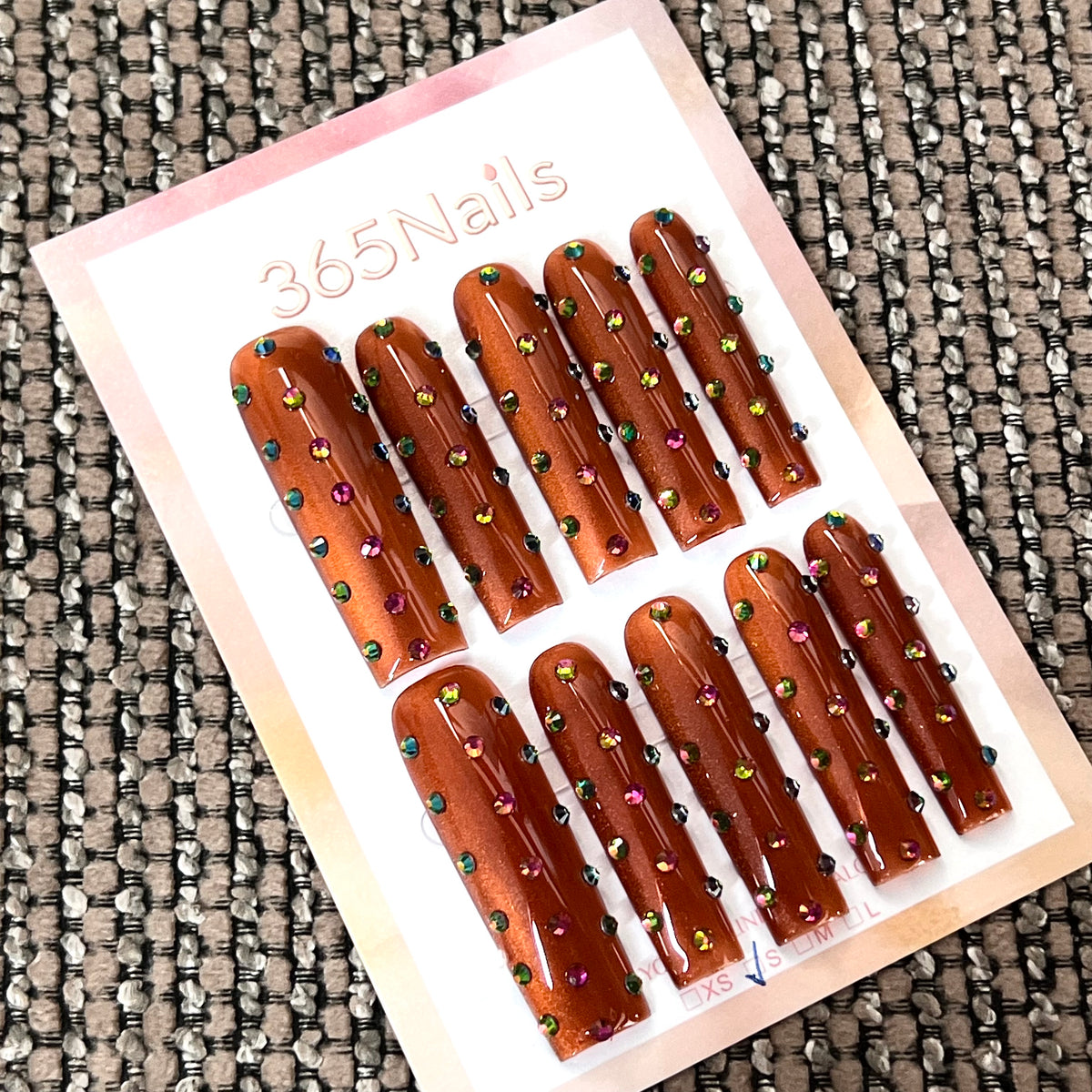 Copper Confetti - Orange Crystal Long Square Press-On Nails | Crystal Armor Series