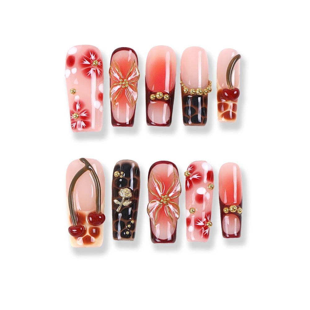 Cherry Cocoa French Press-On Nails | Amber Petals & Gold Studs, 10pcs