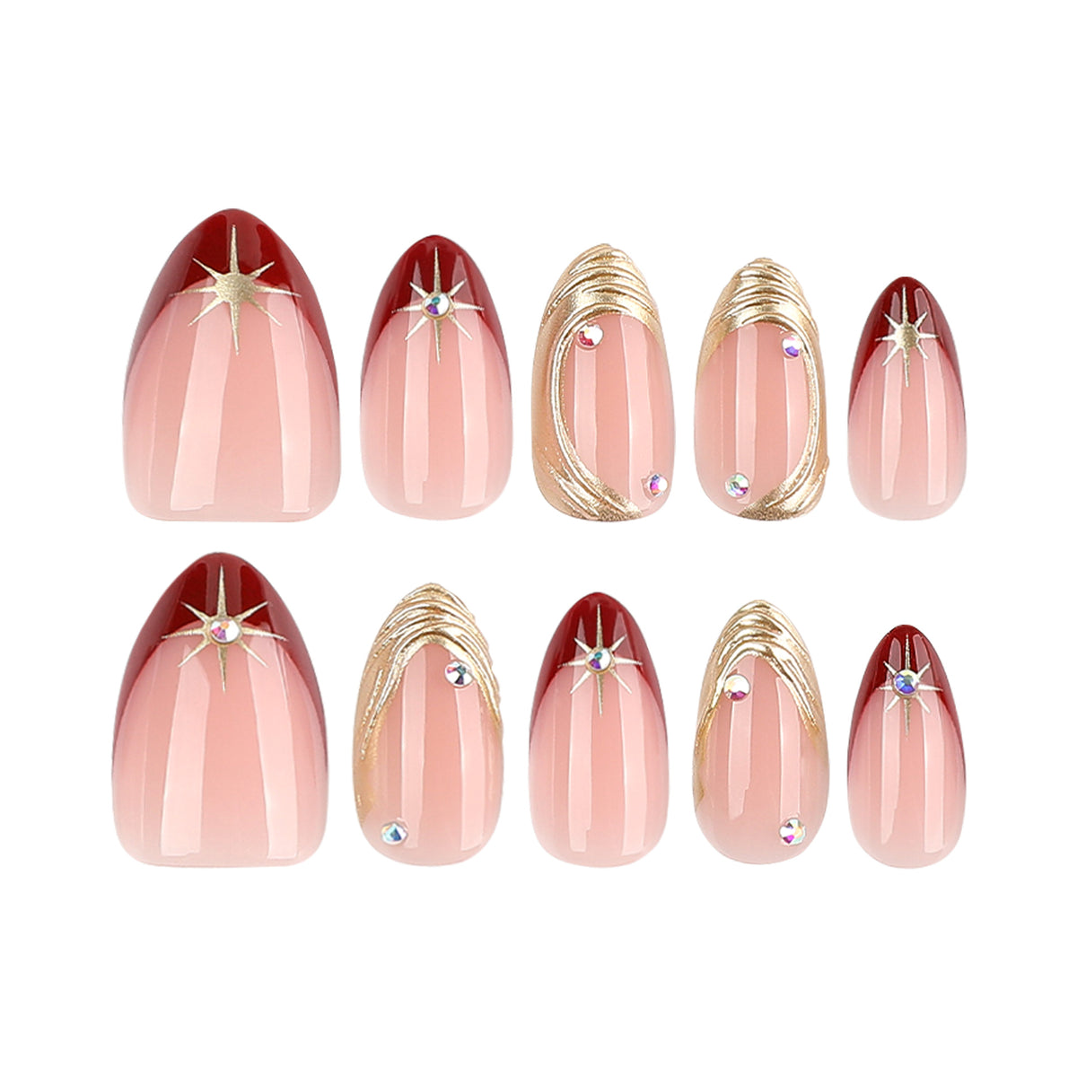 Display of almond press-on nails with gold 3D swirls, red tips, and rhinestones.