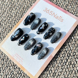 The Gilded Serpent: "Silver Viper" – Black & Silver Gothic Snake Press-On Nails with 3D Bow & Shell Accents