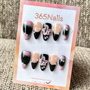365nails: "Pink Black Flower Pearl Mix" – Handmade Medium Stiletto Press-On Nails