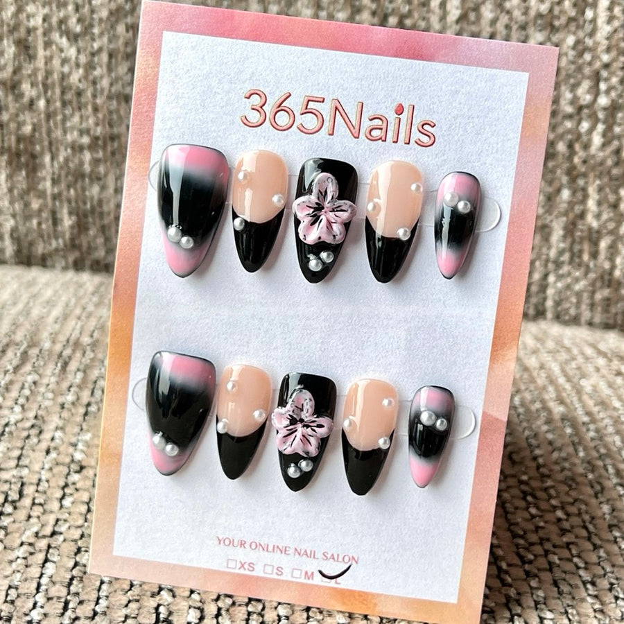 365nails 수제 미디엄 스틸레토형 프레스온 네일 - 핑크·블랙 꽃무늬 진주 믹스
