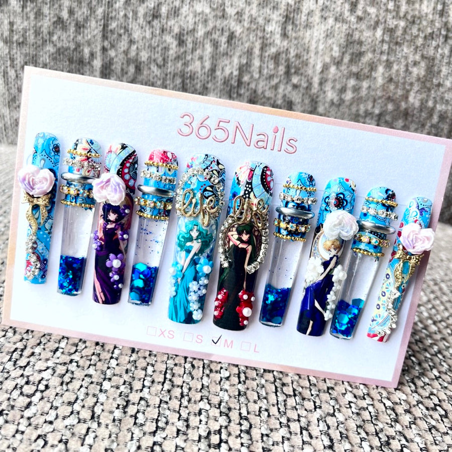 365nails: "Azure Dynasty" – 3D 피규어 아트 수제 프레스온 네일 코핀형-5.5cm