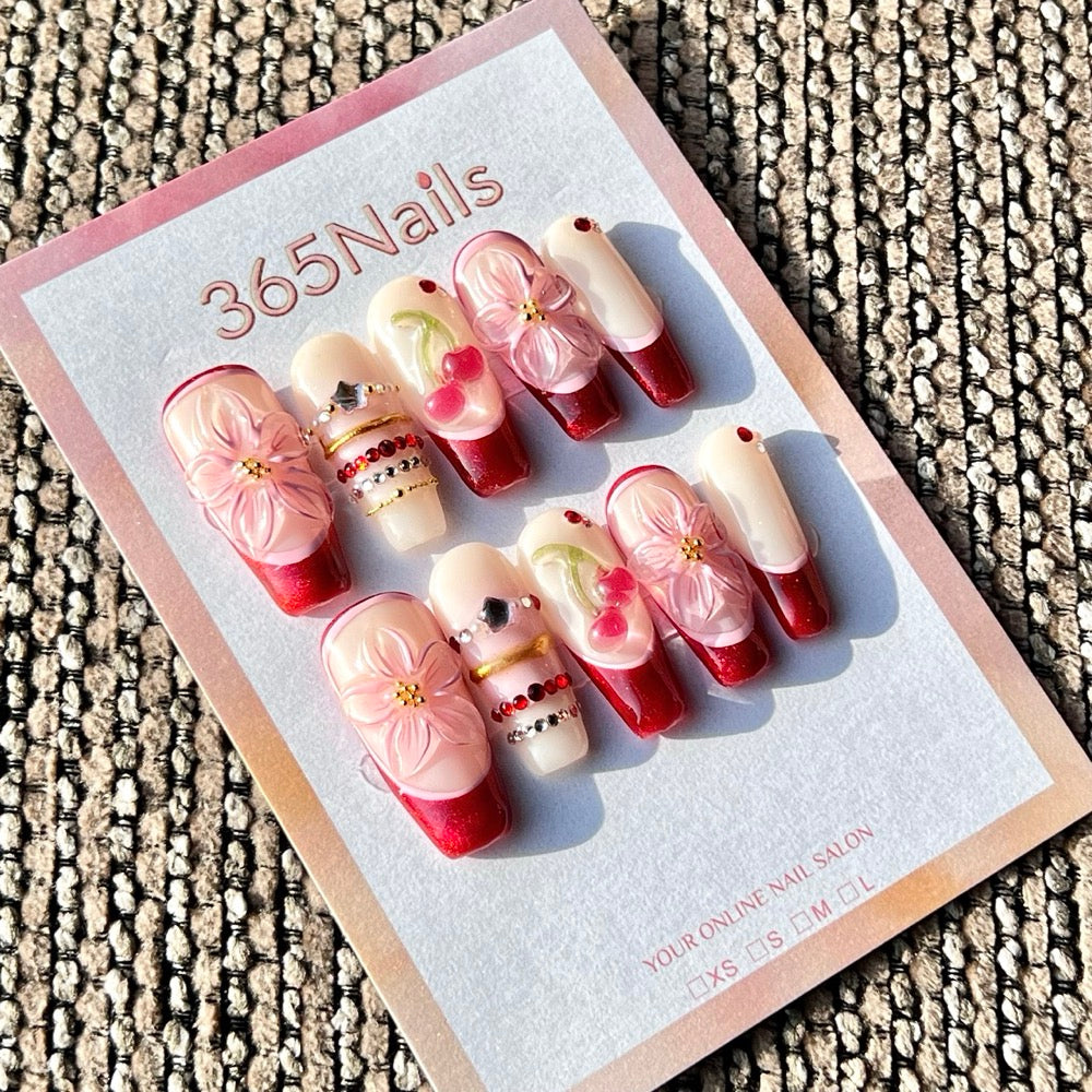 365nails: "Red French Cherry" – Handmade Medium Square Press-On Nails