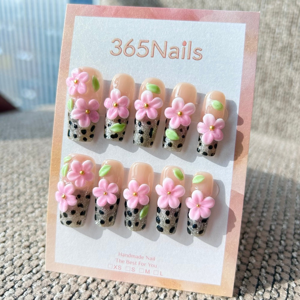 Sculpted Flora: "Pink Panthera Sparkle" – 3D Pink Floral & Silver Glitter Leopard Print Long Square Nails