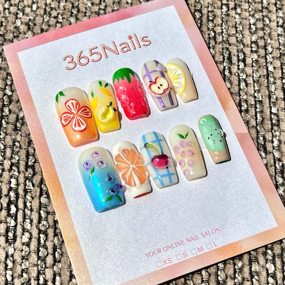 365nails: "Fruit Picnic" – 3D Handmade Long Square Press On Nails