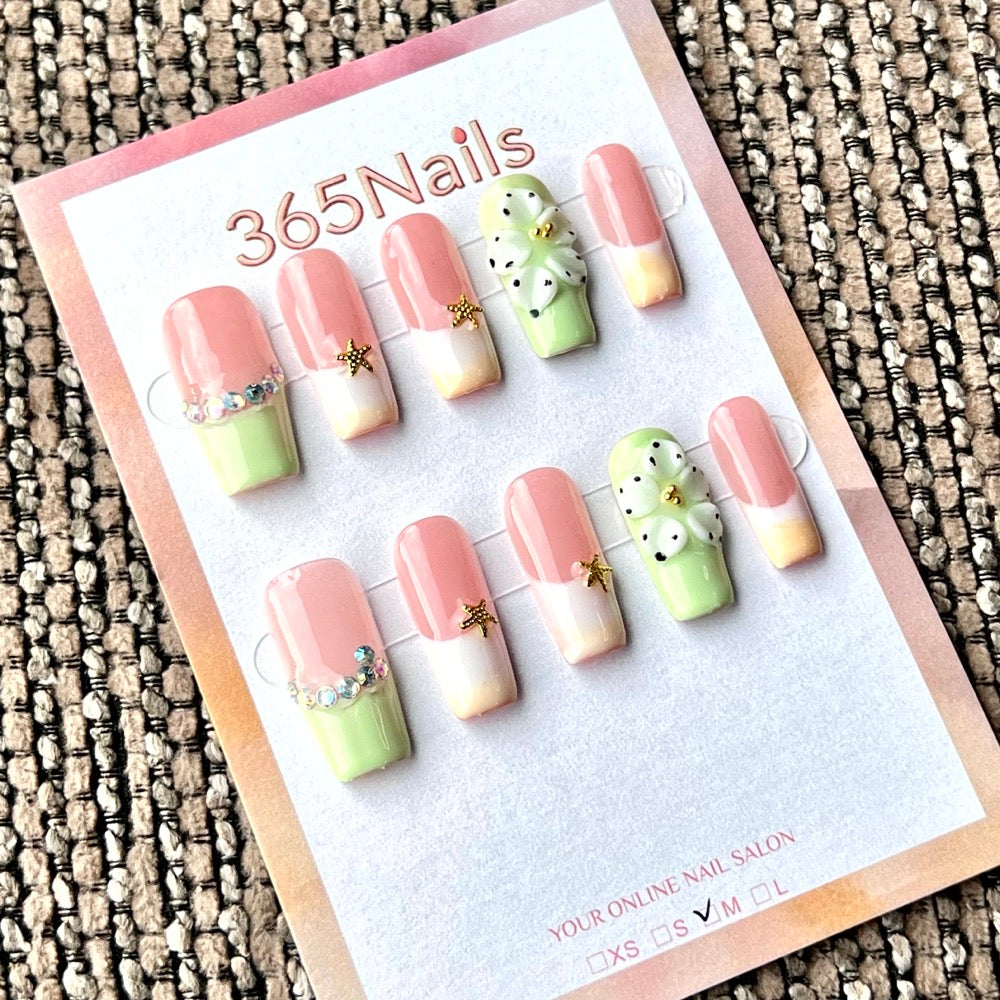 "Pink Green Gradient Floral Crystal" - Wholesale Ultra-Soft Flexible Fit Handmade Nails (MOQ=100)