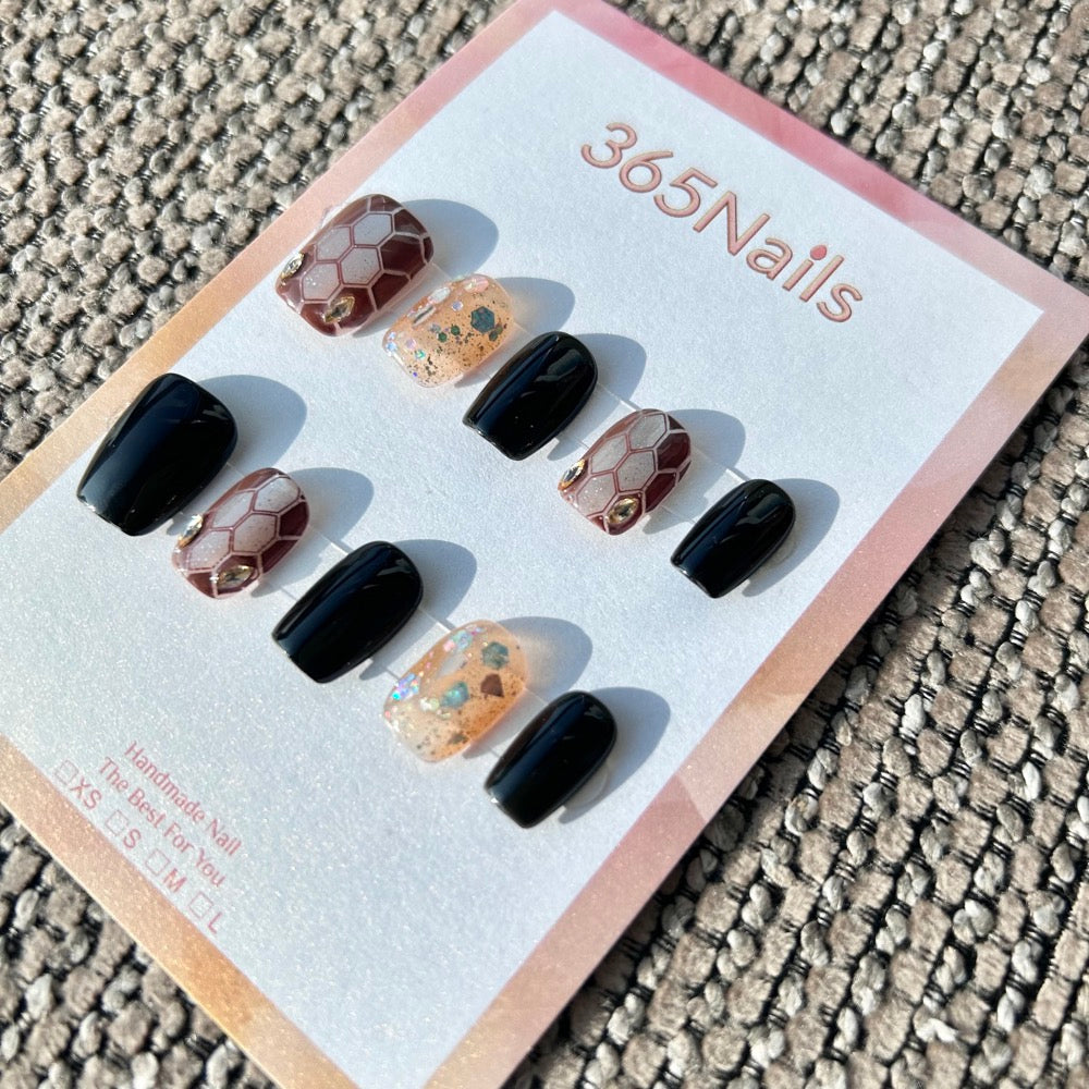 Luxury Logo The Gilded Serpent: "Amber Python" – Chocolate Brown & Black with Gold Sequin Glitter Handmade Press-On Nails