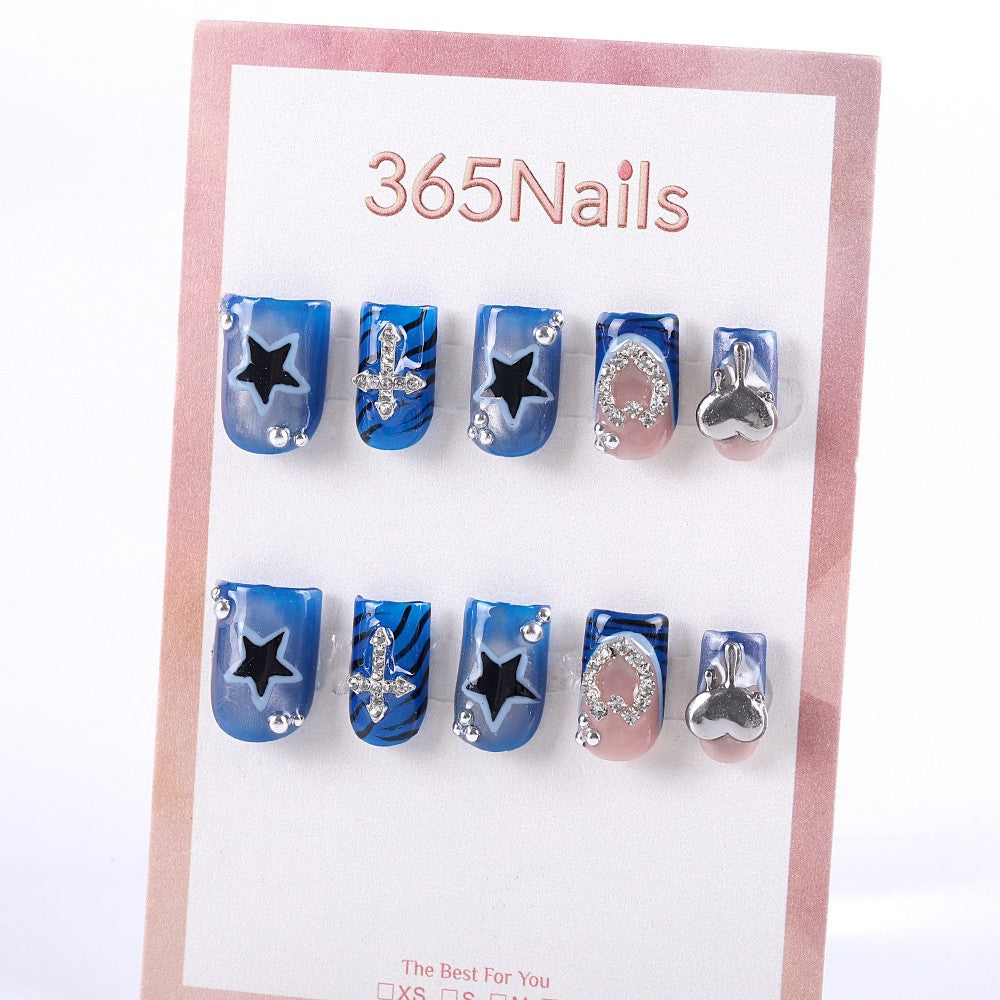 Blue Star and Cross Press-On Nails with Metallic Heart Accents