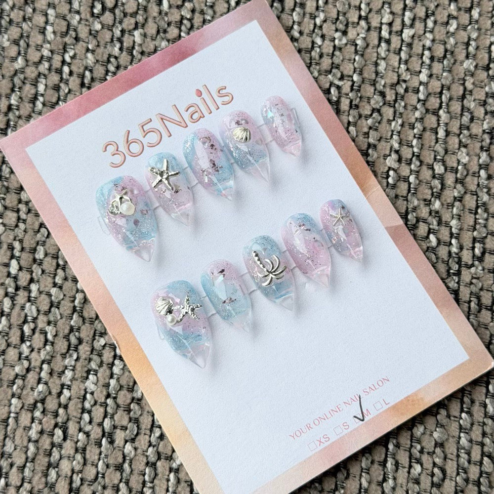 365nails: "Ocean Mermaid Starfish Shell" – 3D Sea Metal Charm Handmade Long Stiletto Nails