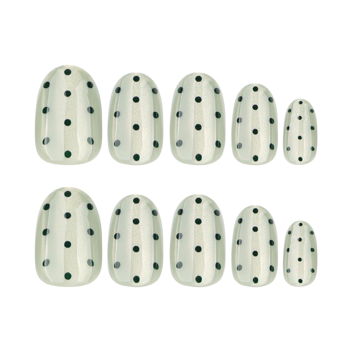 Green dotted press-on nails in five graduated sizes