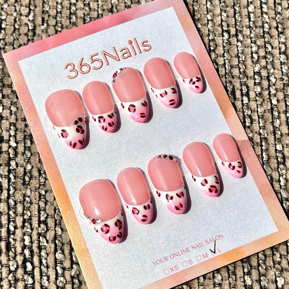 365nails: 핑크 호피 프렌치 – 수제 미디엄 스틸레토형 프레스온 네일