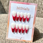 365nails: 스칼렛 레이스 로맨스 – 레드 & 화이트 레이스 프렌치 수제 아몬드형 네일