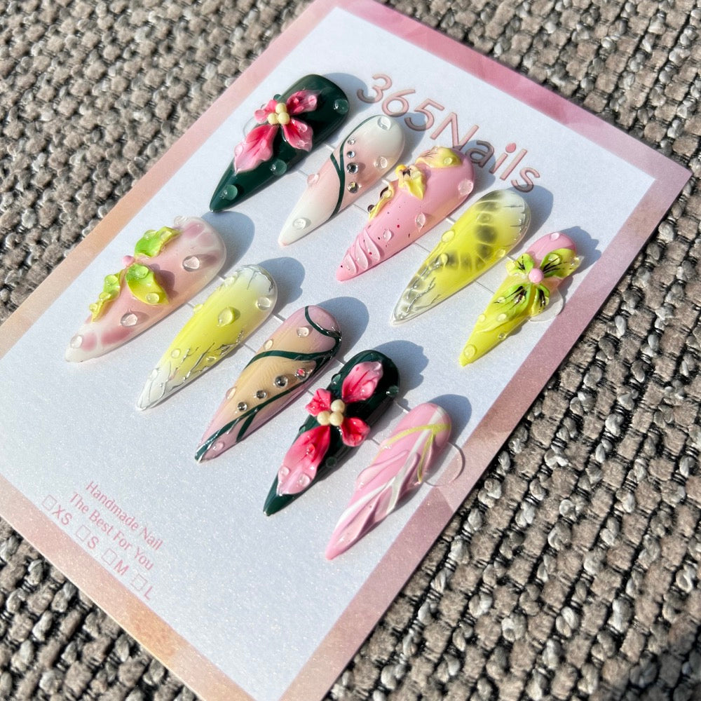 Handmade Botanical Garden 3D Floral Press-on Nails | Dark Green & Pink Stiletto | Dewdrops & Vines | 10pcs Set