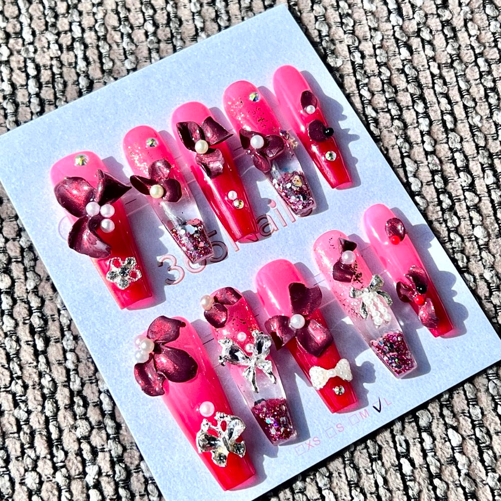 365nails: "Scarlet Bow Whisper" – Handmade Liquid Motion Press-On Medium Square Nails-3.5cm