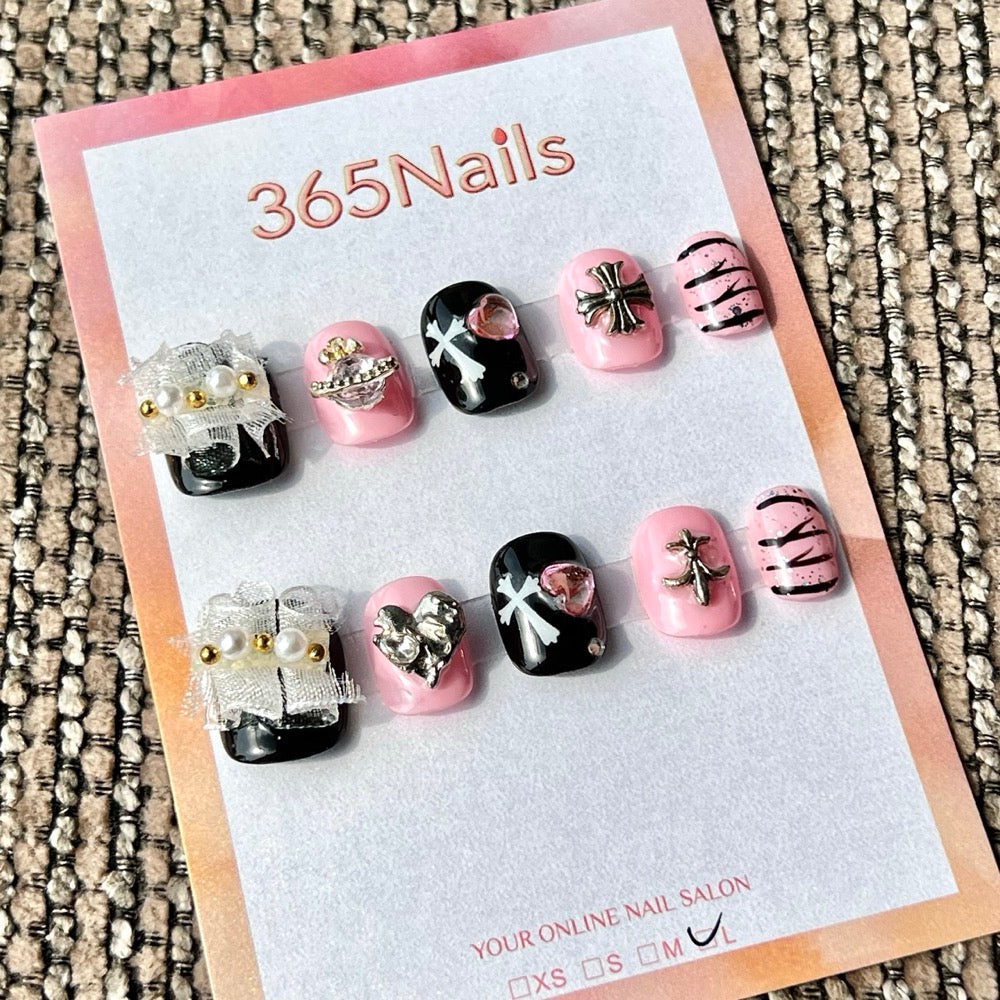 365nails: "Pink Black Y2K Cross Heart" – Handmade Short Square Press-On Nails