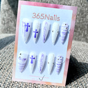 365nails: 보라 크로스 스크립트 – 수제 롱 샤프 스틸레토형 네일