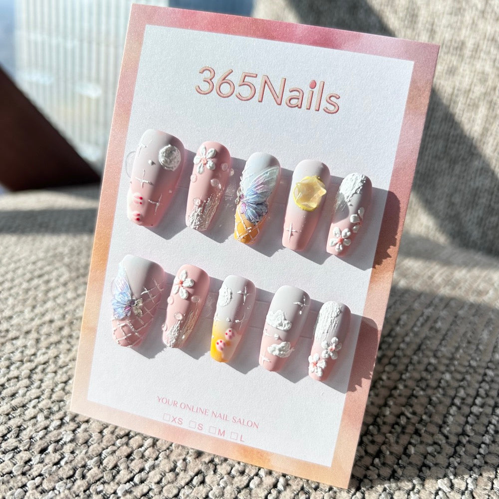 Sweet & Dopamine: "Pastel Dreamland" – Pink & Lilac Gradient, 3D Clouds, Hand-Painted Flowers, Butterfly & Grid Texture Press-on Nails