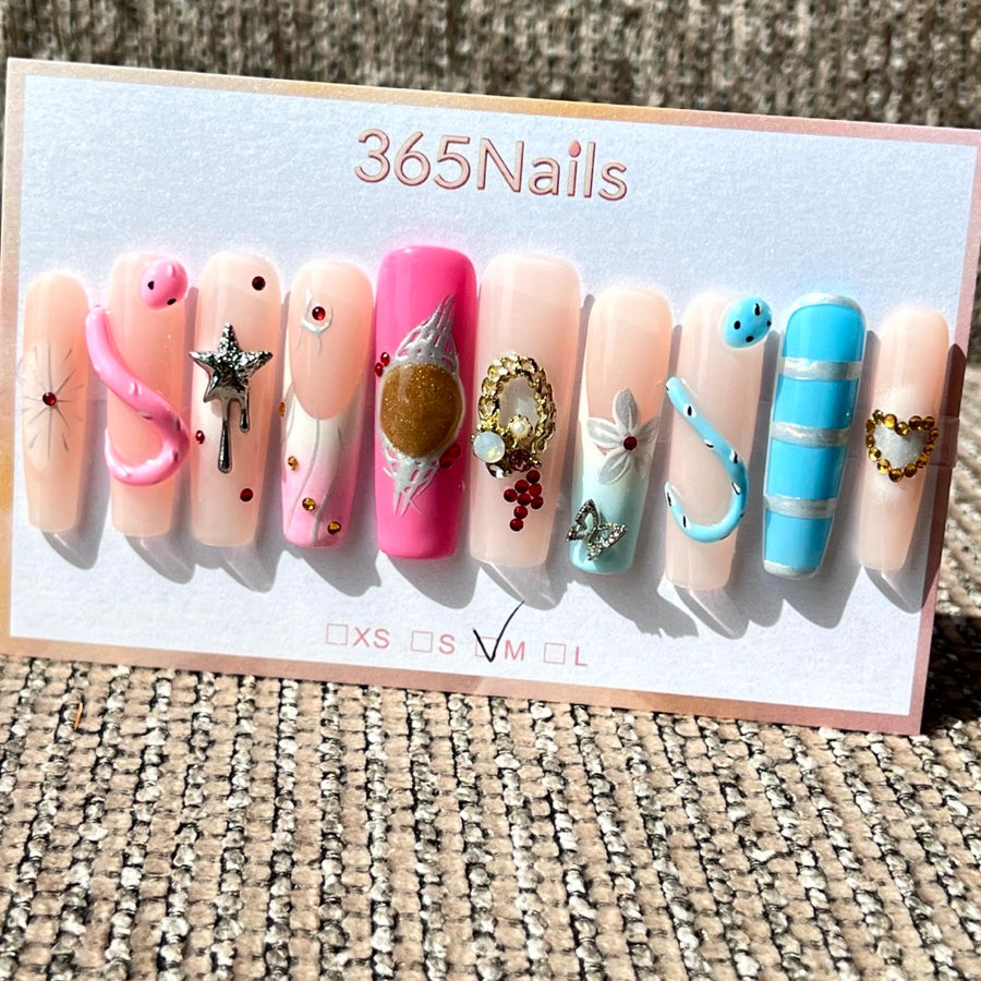 365nails: "Celestial Whimsy" – 3D Snake & Star Handmade Medium Almond Nails