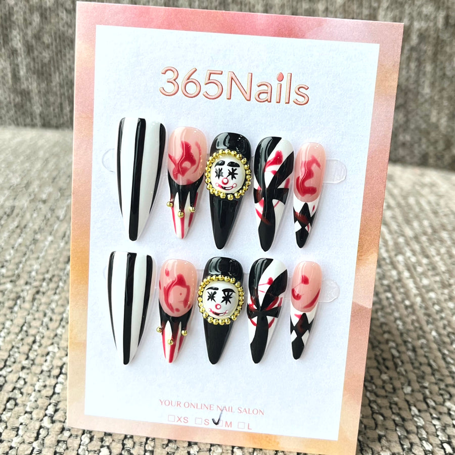 365nails: "Crimson Circus Clown" – Bleeding Big Top 3D Jester Handmade Long Stiletto Nails